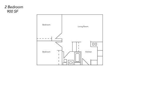 A floor plan of a 2 bedroom apartment with a living room and kitchen.